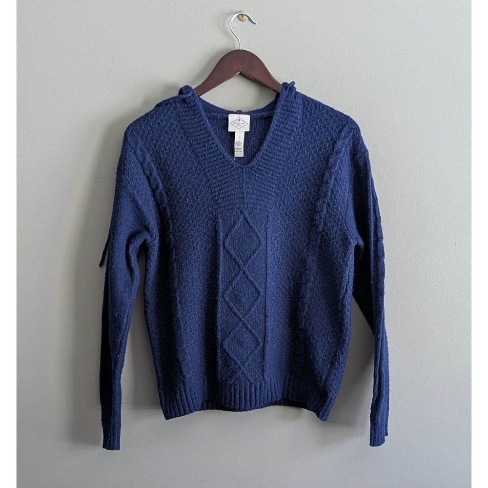 St. John's Bay Womens Medium Blue Hooded Cable Knit Sweater V-Neck Pullover M